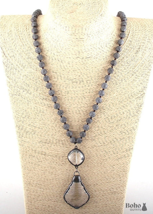 Boho Necklace, RH Antique Brass Lava Stone Glass